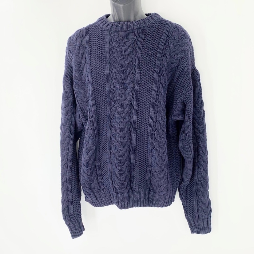 Van Heusen Mens Sweater Cable Knit Heavy Blue Crewneck Sz L